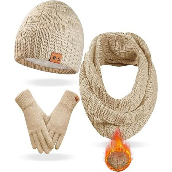 Womens Winter Beanie Scarf Gloves Set Touchscreen Warm Knit Cold Weather Set - Picture 7 of 7